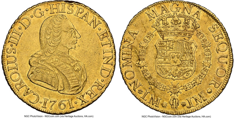 Charles III gold 8 Escudos 1761 LM-JM AU55 NGC, Lima mint, KM68, Cal-1914, Onza-...