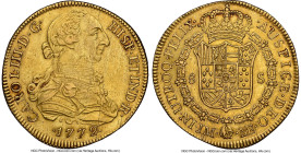 Charles III gold 8 Escudos 1772 LM-JM AU53 NGC, Lima mint, KM82.2, Cal-1929, Onza-692. Mintmark on right variety. A moderately scarce subvariety of Ch...