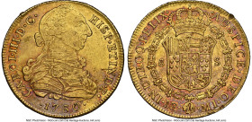 Charles III gold 8 Escudos 1780 LM-MI AU Details (Reverse Rim Damage) NGC, Lima mint, KM82.1, Cal-1942, Onza-705. A stunning representative that, desp...