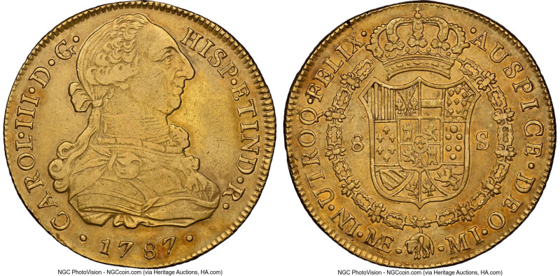 Charles III gold 8 Escudos 1787 LM-MI XF45 NGC, Lima mint, KM82.1a, Cal-1951, On...