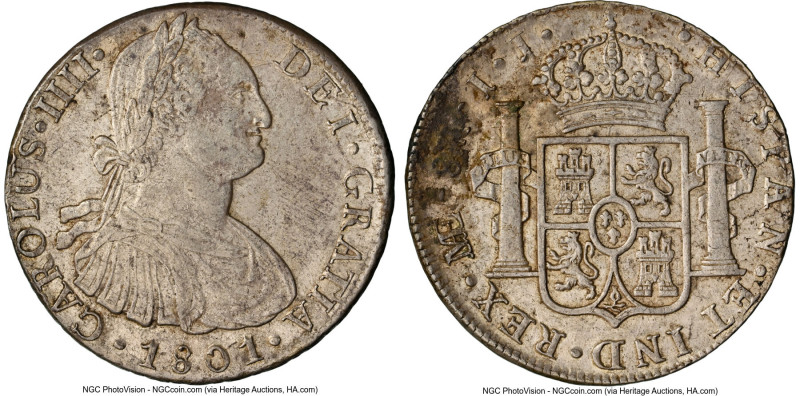 Charles IV 8 Reales 1801 LM-IJ AU Details (Environmental Damage) NGC, Lima mint,...