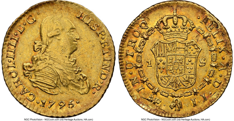 Charles IV gold Escudo 1795 LIMAE-IJ AU Details (Mount Removed) NGC, Lima mint, ...