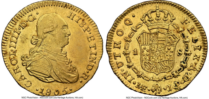 Charles IV gold Escudo 1805 LM-JP AU Details (Reverse Spot Removed) NGC, Lima mi...