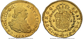 Charles IV gold Escudo 1805 LM-JP AU Details (Reverse Spot Removed) NGC, Lima mint, KM89, Cal-1101. Another elusive fractional gold issue from the rei...