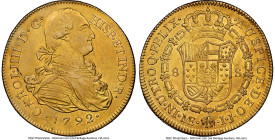 Charles IV gold 8 Escudos 1792 LM-IJ AU Details (Obverse Scratched) NGC, Lima mint, KM101, Cal-1591, Onza-982. An attractive representative punctuated...