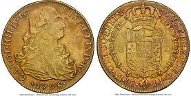 Charles IV gold 8 Escudos 1795 LM-IJ AU Details (Obverse Damage) NGC, Lima mint, KM101, Cal-1594, Onza-986. While limited by gentle handling and surfa...