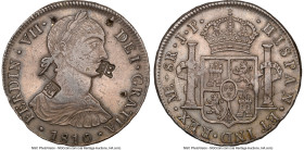 Ferdinand VII 8 Reales 1810 LM-JP XF Details (Chopmarked, Obverse Damage) NGC, Lima mint, KM106.2. Small Imaginary Bust. A desirable host for an 8 Rea...