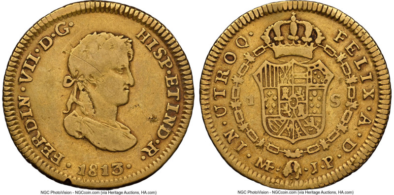 Ferdinand VII gold Escudo 1813 LM-JP VF Details (Bent) NGC, Lima mint, KM119, Ca...