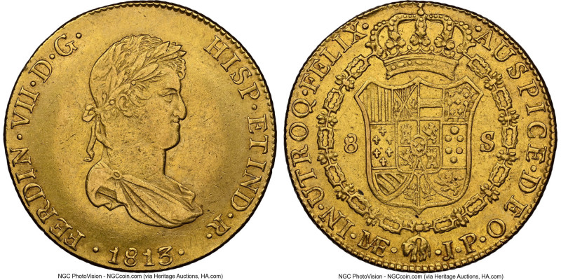 Ferdinand VII gold 8 Escudos 1813 LM-JP AU55 NGC, Lima mint, KM124, Cal-1760, On...