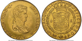 Ferdinand VII gold 8 Escudos 1813 LM-JP AU55 NGC, Lima mint, KM124, Cal-1760, Onza-1218. Small draped laureate bust type. A charming representative of...