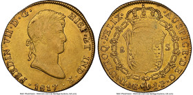 Ferdinand VII gold 8 Escudos 1817 LM-JP XF45 NGC, Lima mint, KM129.1, Cal-1764, Onza-1226. A gorgeous moderately circulated problem-free Spanish colon...