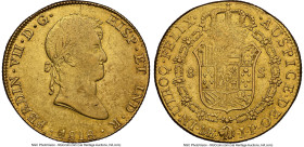 Ferdinand VII gold 8 Escudos 1818 LM-JP AU50 NGC, Lima mint, KM129.1, Cal-1765, Onza-1227. Though admitting some softness to the central devices, the ...