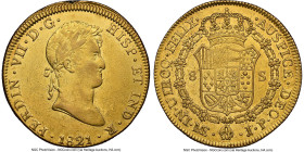 Ferdinand VII gold 8 Escudos 1821 LM-JP AU Details (Mount Removed) NGC, Lima mint, KM129.1, Cal-1768, Onza-1232. The final date for this iconic Lima s...