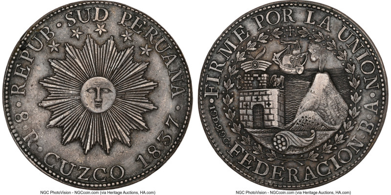 South Peru. Republic 8 Reales 1837 CUZCO-BA XF45 NGC, Cuzco mint, KM170.1. Incus...