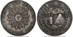 South Peru. Republic 8 Reales 1837 CUZCO-BA XF45 NGC, Cuzco mint, KM170.1. Incuse Edge. A sharp example of this "Sunface" type, donned in marvelous da...