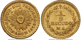 South Peru. Republic gold 1/2 Escudo 1838 CUZCO-MS UNC Details (Bent) NGC, Cuzco mint, KM173, Fr-94. A commendable fractional emission despite its not...
