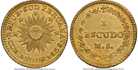 South Peru. Republic gold Escudo 1838 CUZCO-MS MS61 NGC, Cuzco mint, KM174, Fr-93. An elusive minor from this infamous series, and one well-represente...