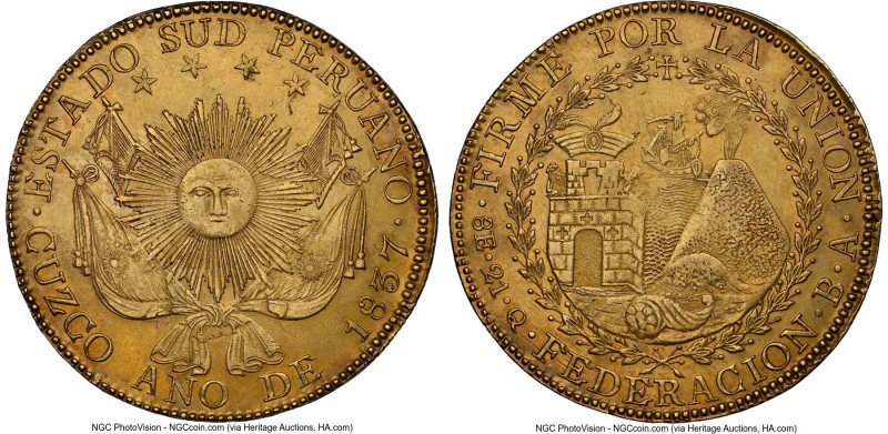 South Peru. Republic gold 8 Escudos 1837 CUZCO-BA AU Details (Cleaned) NGC, Cuzc...