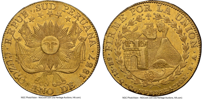 South Peru. Republic gold 8 Escudos 1837 CUZCO-BA AU Details (Cleaned) NGC, Cuzc...