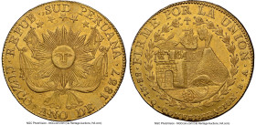 South Peru. Republic gold 8 Escudos 1837 CUZCO-BA AU Details (Cleaned) NGC, Cuzco mint, KM167, Fr-92, Onza-2081 (Rare). "CONFEDERACION" type. A commen...