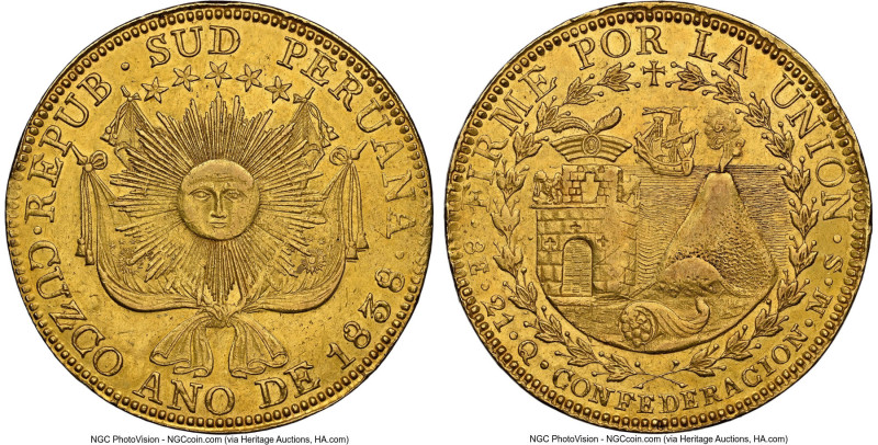 South Peru. Republic gold 8 Escudos 1838 CUZCO-MS AU58 NGC, Cuzco mint, KM171, F...