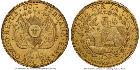 South Peru. Republic gold 8 Escudos 1838 CUZCO-MS AU58 NGC, Cuzco mint, KM171, Fr-92, Onza-2082 (Rare). A wonderous example of this popular "Sun Face"...