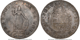 Republic 8 Reales 1827 CUZCO-GM XF Details (Environmental Damage) NGC, Cuzco mint, KM142.2. A scarce date and Cuzco type. Besides the light environmen...