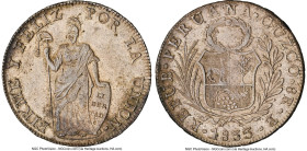 Republic 8 Reales 1833 CUZCO-B AU55 NGC, Cuzco mint, KM142.4, Elizondo-135. Approaching Mint State with prominent detail throughout, and one of just f...