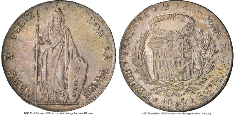 Republic 8 Reales 1843 LIMA-MB MS62 NGC, Lima mint, KM142.10. A difficult series...