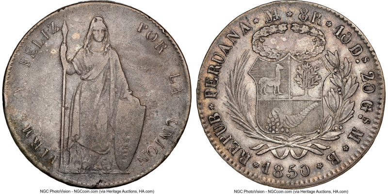 Republic 8 Reales 1850 LM-MB VF Details (Cleaned) NGC, Lima mint, KM142.10. Orna...