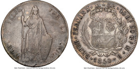 Republic 8 Reales 1850 LM-MB VF Details (Cleaned) NGC, Lima mint, KM142.10. Ornamental Edge. The scarcer edge variety for 1850, quite difficult to obt...