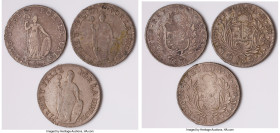 Republic 3-Piece Lot of Uncertified Assorted 8 Reales, 1) 8 Reales 1828 CUZCO-G, Cuzco mint, KM142.2 2) 8 Reales 1835 LM-MT, Lima mint, KM142.3 3) 8 R...