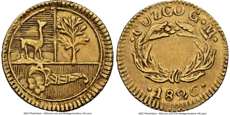 Republic gold 1/2 Escudo 1826 CUZCO-GM AU55 NGC, Cuzco mint, KM146.2. A scarcer ...
