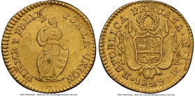 Republic gold Escudo 1829 LM-JM AU55 NGC, Lima mint, KM147.1, Fr-66. A date and denomination exclusively witnessed at the lower end of the grading sca...