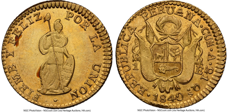 Republic gold Escudo 1840 CUZCO-A MS63 NGC, Cuzco mint, KM147.3, Fr-67. A scinti...