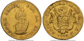 Republic gold Escudo 1855 LM-MB AU55 NGC, Lima mint, KM147.4, Fr-66. An elusive minor and among the more difficult Republic pre-decimal denominations ...