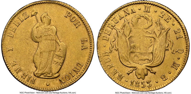 Republic gold 2 Escudos 1853 LM-MB AU53 NGC, Lima mint, KM149.2, Fr-65. Despite ...