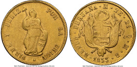 Republic gold 2 Escudos 1853 LM-MB AU53 NGC, Lima mint, KM149.2, Fr-65. Despite use in circulation, the piece retains an appreciable tone and remnant ...