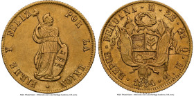 Republic gold 2 Escudos 1854 LM-MB AU58 NGC, Lima mint, KM149.2, Fr-65. A more elusive, later date 2 Escudos preserved at the cusp of Mint State decor...