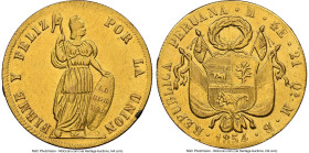 Republic gold 4 Escudos 1854 LM-MB AU Details (Removed From Jewelry) NGC, Lima mint, KM150.3, Fr-64. A most appreciable example despite its previous e...
