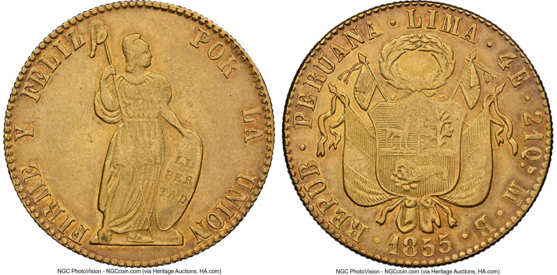 Republic gold 4 Escudos 1855 LM-MB AU55 NGC, Lima mint, KM150.4, Fr-64. A highly...
