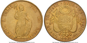 Republic gold 4 Escudos 1855 LM-MB AU55 NGC, Lima mint, KM150.4, Fr-64. A highly respectable representative of this pleasing type, certified approachi...