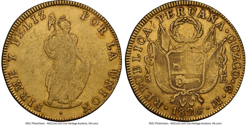 Republic gold 8 Escudos 1826 CUZCO-GM XF45 NGC, Cuzco mint, KM148.2, Fr-63, Onza...