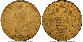 Republic gold 8 Escudos 1830 CUZCO-G AU50 NGC, Cuzco mint, KM148.2, Fr-63, Onza-2073. One of just seven straight-graded examples submitted to NGC. Acc...