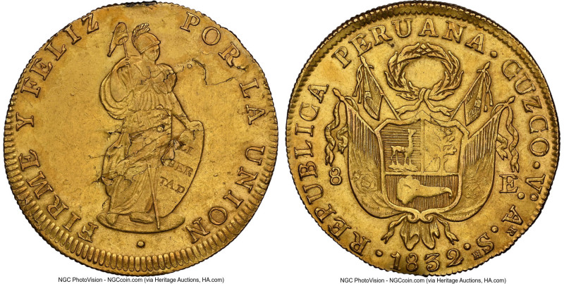 Republic gold 8 Escudos 1832 CUZCO-VoArSh AU Details (Mount Removed) NGC, Cuzco ...