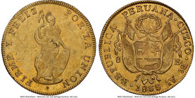 Republic gold 8 Escudos 1833 CUZCO-BoAr AU58 NGC, Cuzco mint, KM148.2, Fr-63, Onza-2076. An inspiring and minimally available type, certified at the c...