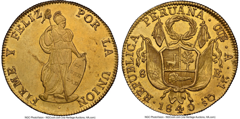 Republic gold 8 Escudos 1840 CUZCO-A AU58 NGC, Cuzco mint, KM148.3, Fr-63, Onza-...