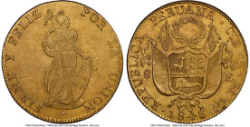 Republic gold 8 Escudos 1843 CUZCO-A AU55 NGC, Cuzco mint, KM148.3, Fr-63, Onza-2085. A more elusive date from this coveted series and one seen at auc...