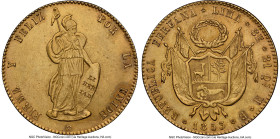 Republic gold 8 Escudos 1853 LIMA-MB AU55 NGC, Lima mint, KM148.4, Fr-62, Onza-2099. A later-date specimen of a highly collectible series, certified a...