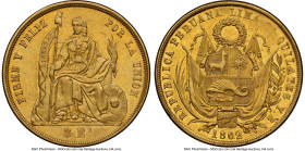 Republic gold 8 Escudos 1862 LIMA-YB AU58 NGC, Lima mint, KM183, Fr-68, Onza-2102 (Rare). A most impressive piece and the first year of this fleeting ...